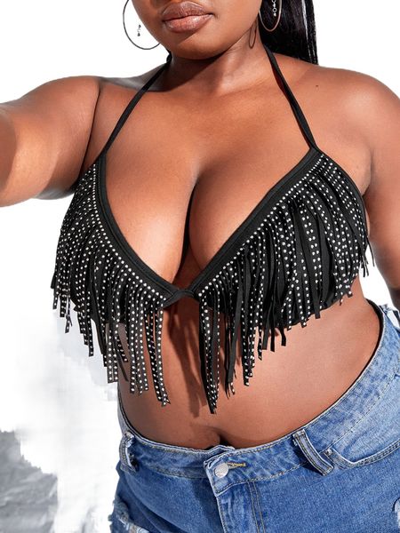 

sxy plus rhinestone fringe halter c1xp#, Black