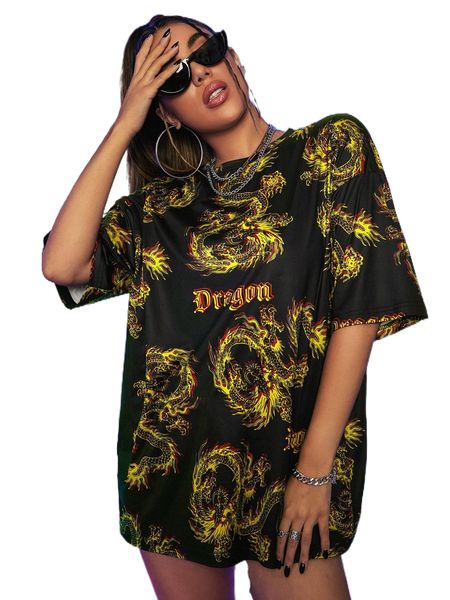 

chinese dragon and letter graphic drop shoulder tee 80ma#, White