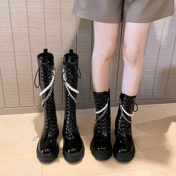 

boots two kinds of tube high pearl metal chain fashion boots autumn and winter round head thick heel korean simple casual qivq, Black