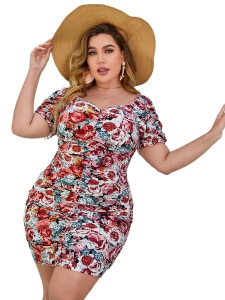 

plus allover floral sweetheart neck ruched bodycon dress p9im#, Black