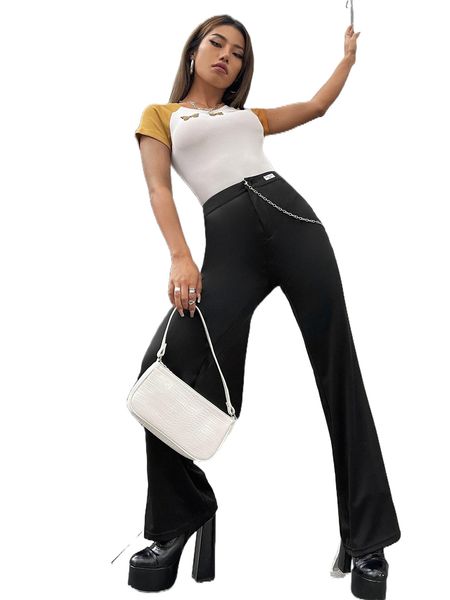 

letter patched detail flare leg pants with chain u695#, Black;white
