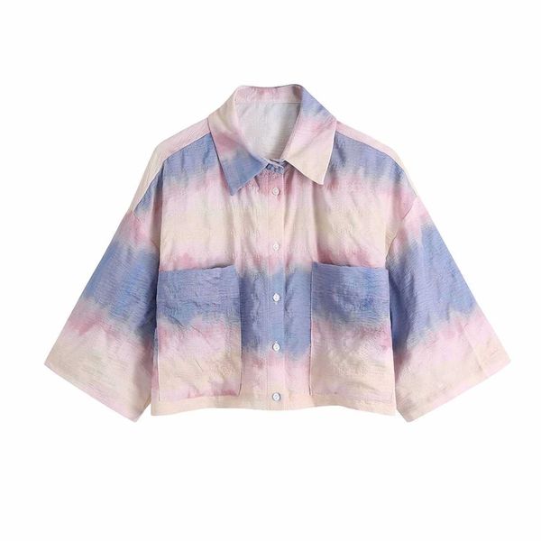 

women cropped shirt tie dye half sleeves elegant fashion casual chic lady woman button up shirt 210709, White