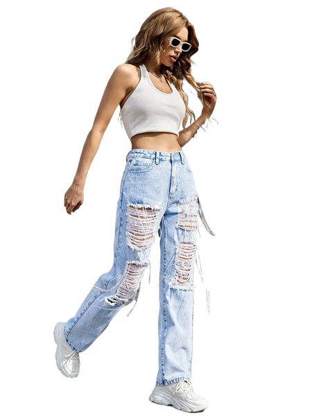 

high waist rhinestone fringe ripped jeans g6kw#, Blue