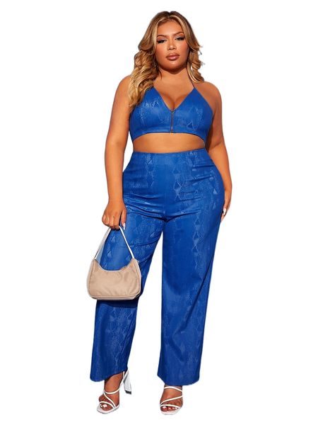 

sxy plus jacquard crop halter & wide leg pants s1s8#, Black