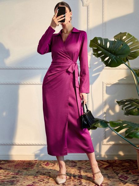 

solid wrap tie side dress a8qe#, Black;gray