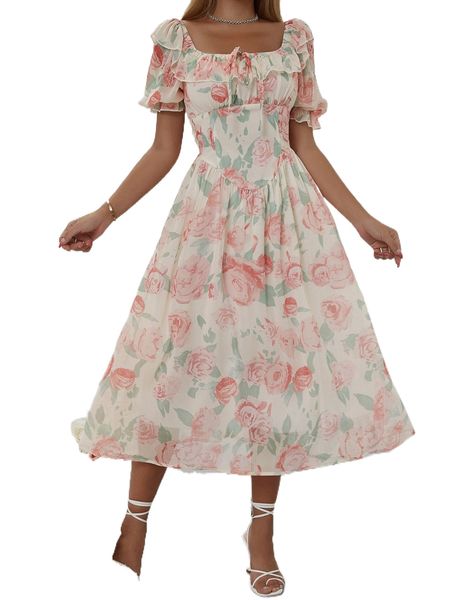 

allover floral print tie front chiffon dress x3zp#, Black;gray