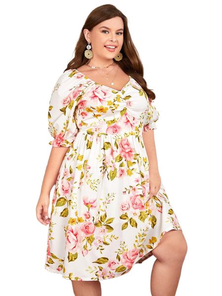 

plus floral print ruched puff sleeve dress q1el#, Black