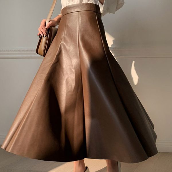 

new spring winter pu leather women skirts office lady solid flare skirts zipper aline mid length elegant female skirt work wear y200910, Black