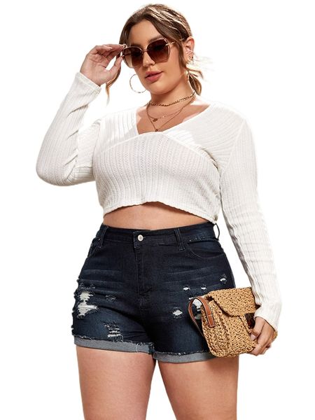 

plus ripped raw cut roll hem denim shorts c2sb#, White;black