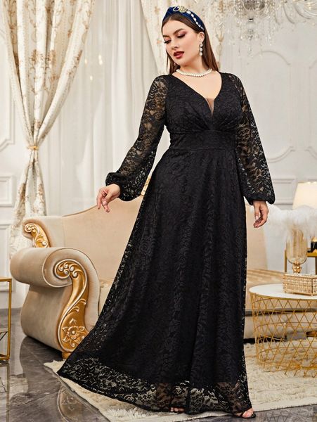 

plus mesh insert contrast lace lantern sleeve formal dress u6ao#, Black