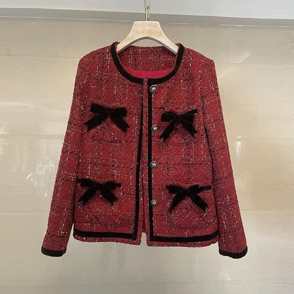 Jackets femininos de alta qualidade 2022 Autumn Pequeno fragrância RED WINE TWEED JACETA BOWKNOT CAZELO ELEGENTE MULHERES SUPLOMENTES FEMANAS DE FEMANHA FEMANHA