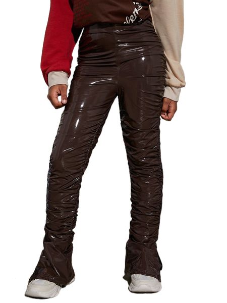 

girls ruched side pu leather stacked pants p0ky#, Black;white