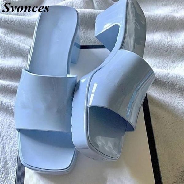 

candy color rubber slide sandals 2021 summer slippers women jelly sandal square toe chunky heels party shoes female designer226f, Black