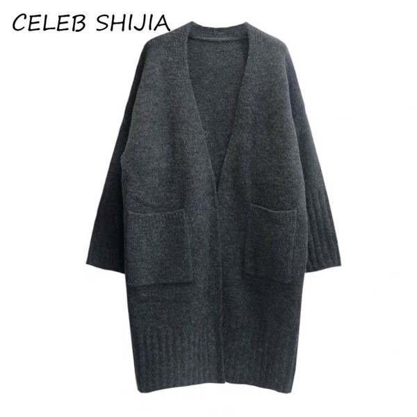 

shijia autumn winter knit cardigan woman full sleeve pocket gray khaki solid warm sweater female open stitch knitwear 201204, White;black