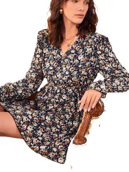 

allover floral print bell sleeve dress o6oq#, Black;gray