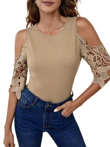 

guipure lace panel cold shoulder tee b6so#, White