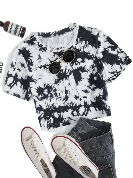 

tie dye round neck tee q5e3#, White