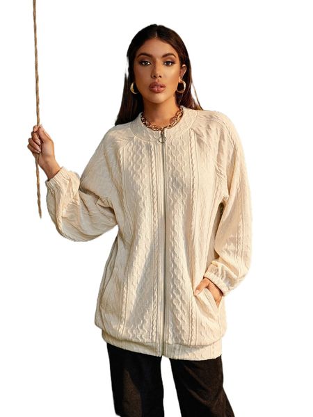 

textured slant pocket raglan sleeve zipper jacket q9hl#, Black