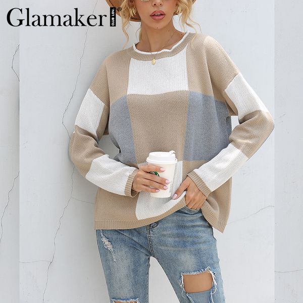 

glamaker patchwork casual loose sweater women ladies o neck plaid pullover winter autumn elegant knitted style 220510, White