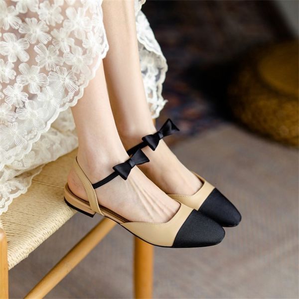 

sandals summer bow flat heel baotou sandals women's shoes simple korean version small fragrance color matching temperament 30ly, Black