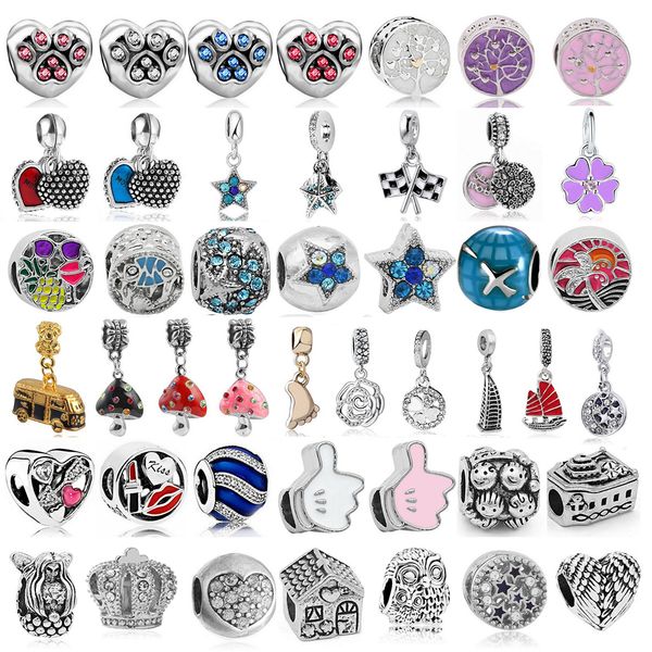 925 Prata Encaixe Pandora Charm 925 Pulseira Cachorro Pata Estrela do Mar Cogumelo Coroa Sereia conjunto de pingentes Pingente DIY Contas Finas Jóias