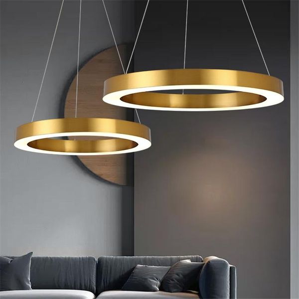 Pendelleuchten, postmoderne LED-Leuchten, rund, kreisförmig, Goldring, Hängelampe, Esszimmer, Wohnzimmer, Glanz, Edelstahl-Lampe