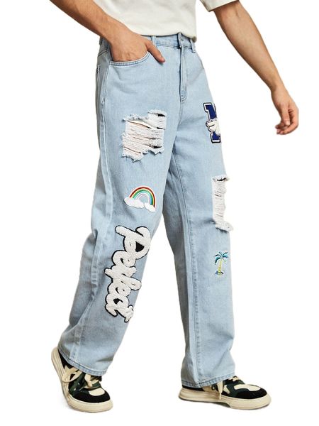 

men patch detail ripped straight leg jeans j1e1#, Blue