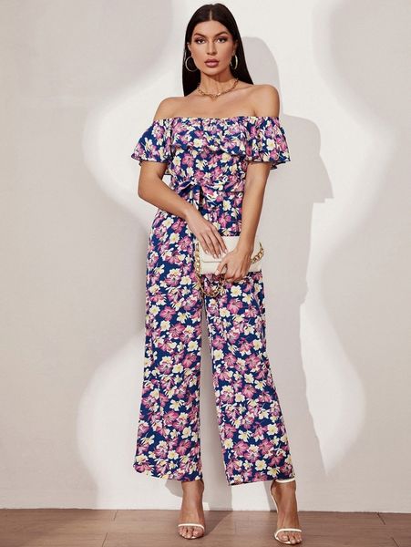 

floral print off shoulder jumpsuit o5fq#, Black;white