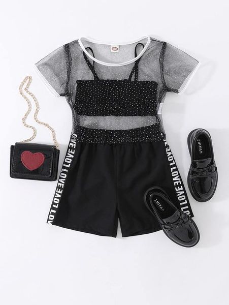 

toddler girls shirred cami & mesh & letter tape shorts she, White