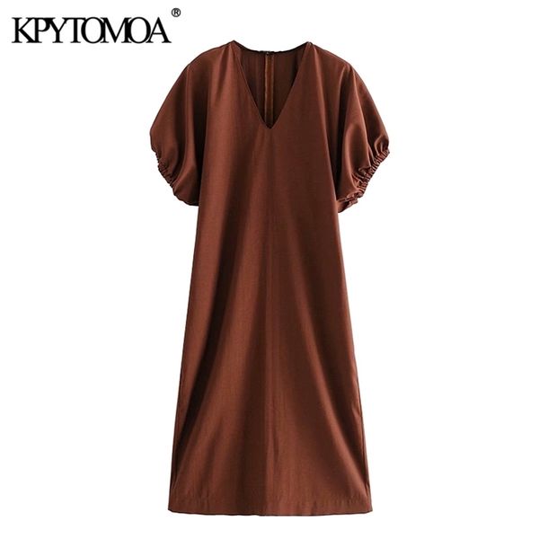 

kpytomoa women chic fashion puff sleeve midi dress vintage v neck side pockets back vents female dresses vestidos mujer t200613, Black;gray