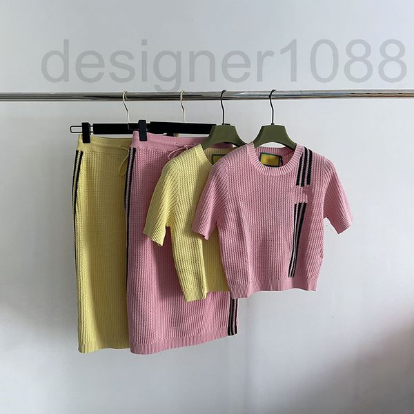 

two piece dress designer 2022 summer women's new tonle jacquard stripe round neck knitted short sleeve two pieces of color matching med, White