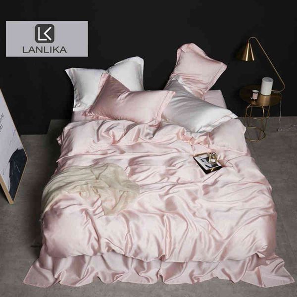 Lanlika Damen-Bettwäsche-Set aus 100 % Seide, Rosa, Doppelbett, Queen-Size-Bett, Bettbezug, Spannbettlaken oder flacher Leinen-Kissenbezug für