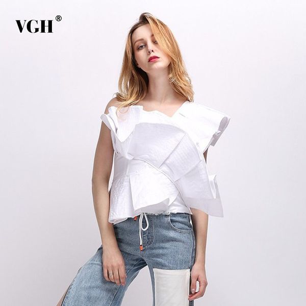 

patchwork elegant striped shirts for women skew collar sleeveless off shoulder irregular hem ruffles blouses female clothing 210507, White