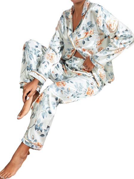 

floral print patched pocket contrast binding satin pj set k12f#, Black;red