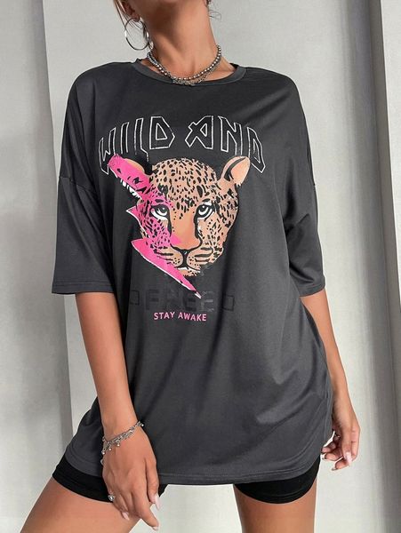 

leopard & slogan graphic drop shoulder tee w1nv#, White