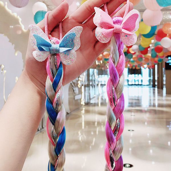 

girls cute colorful braid headband cartoon bow butterfly kids ponytail holder rubber bands fashion hair accessories, Slivery;white