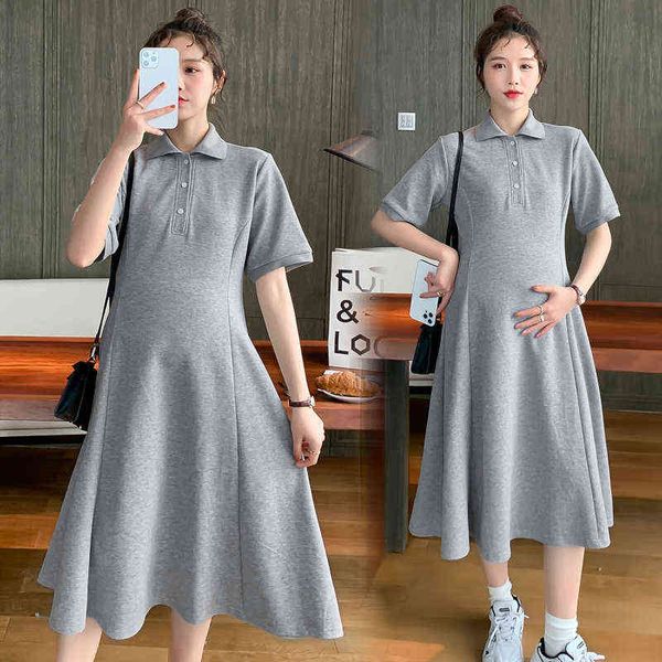 

spring and summer pregnant women knitted dress solid color turndown collar short sleeve maternity aline dress wholesale j220628, White