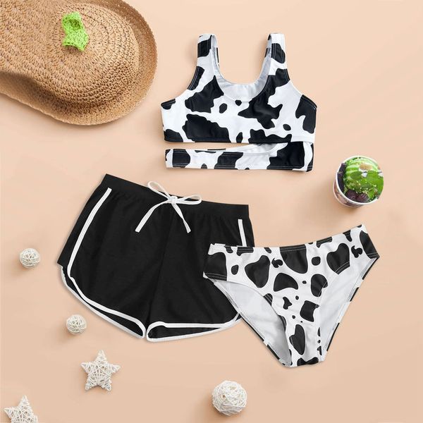 

kids teen girls cow print swimwear summer cut out vest swimsuit three piece bikini shorts sets swimming beachwear 8 14 years 220530, Blue