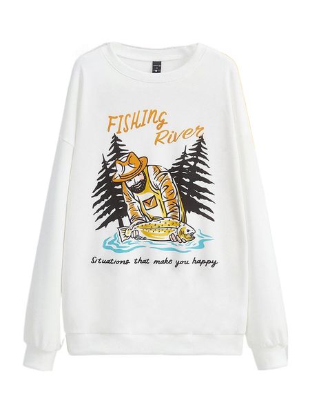 

x rengka slogan and figure graphic drop shoulder sweatshirt u0ft#, Black