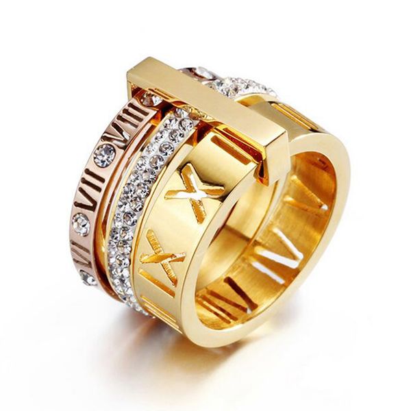 Anelli con strass per donna Acciaio inossidabile oro rosa Numeri romani Anello da dito CZ Zircone Femme Matrimonio Fidanzamento Coppia Anelli Gioielli