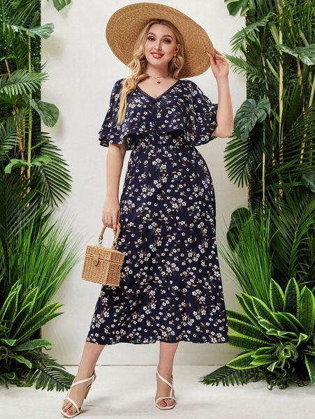 

plus floral print guipure lace insert cloak sleeve dress n3ta#, Black