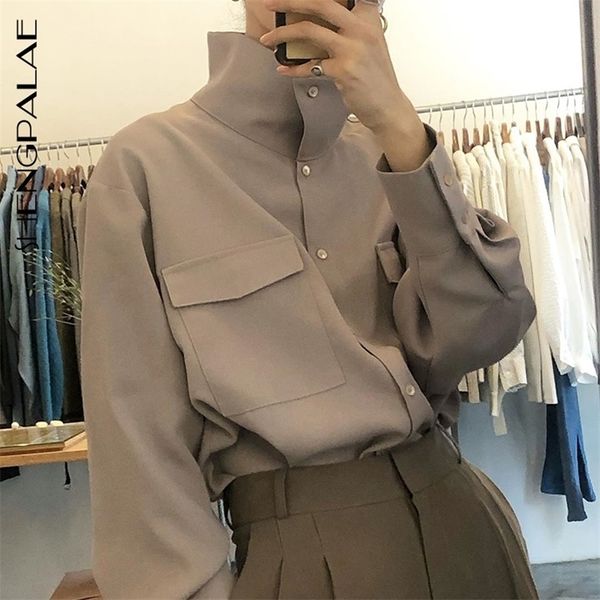 

shengpalae autumn women's fashion office lady blouse lapel single breasted long-sleeved solid color loose shirt 8d717 210308, White