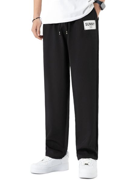 

men letter patched drawstring waist straight leg pants 44ed#, Black