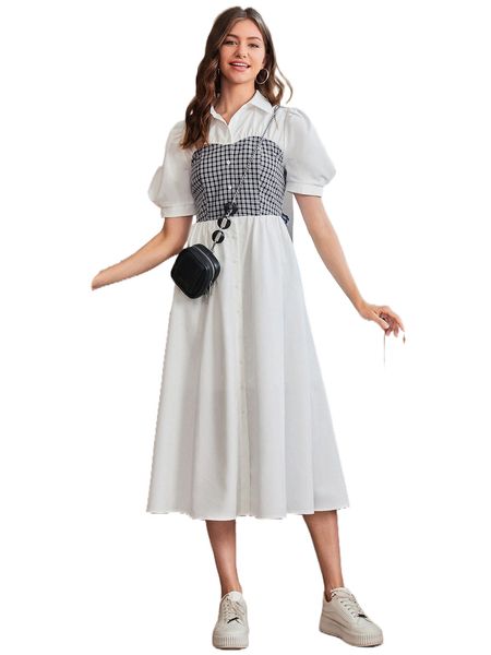 

plaid collar puff sleeve tie back shirt dress k4eq#, Black;gray