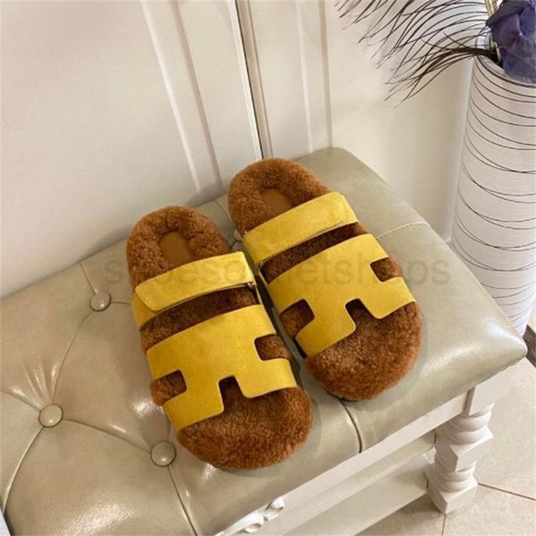 

designers wool slippers fashion leather sandals hollow upper sandal winter soft fur furry slides comfortable fuzzy slipper, Black