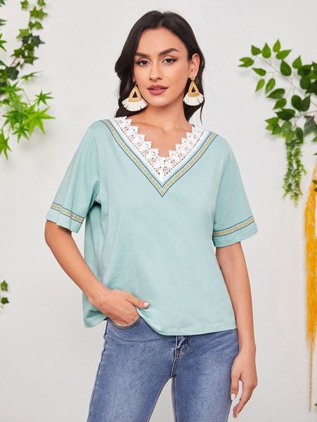 

geo print guipure lace trim tee q1dm#, White