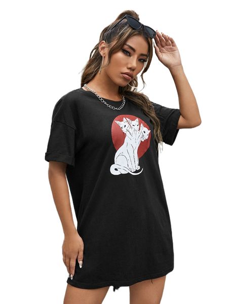 

x ghofur cat print d.rop s.houlder t.ee d.ress q4o4#, Black;gray