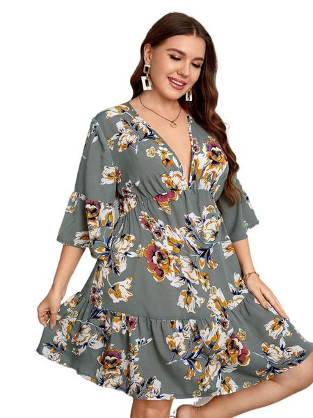 

plus floral print flounce sleeve ruffle hem dress g92i#, Black