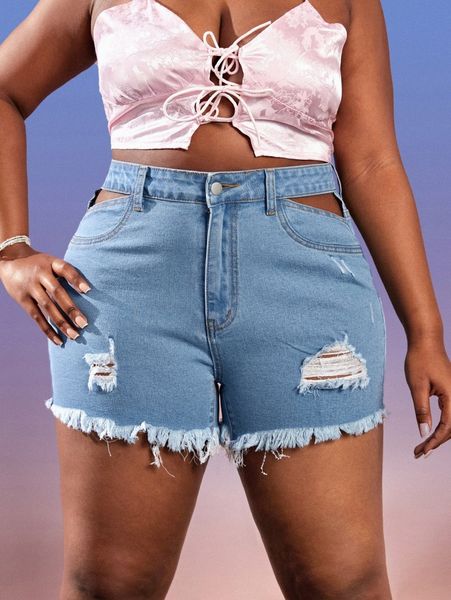 

sxy plus cut out ripped raw hem denim shorts 89bw#, White;black
