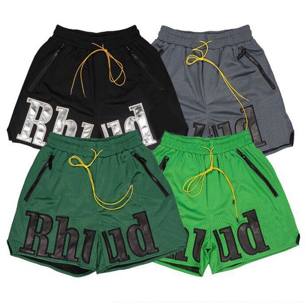 Na moda hip-hop couro bordado letras shorts de praia masculino verão respirável basquete multi-bolso calções esportivos populares